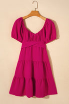 Swiss Dot Jacquard Puff Sleeve Crossover Tied Tiered Dress