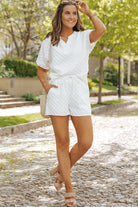 Textured Split Neck Top and Drawstring Shorts Set
