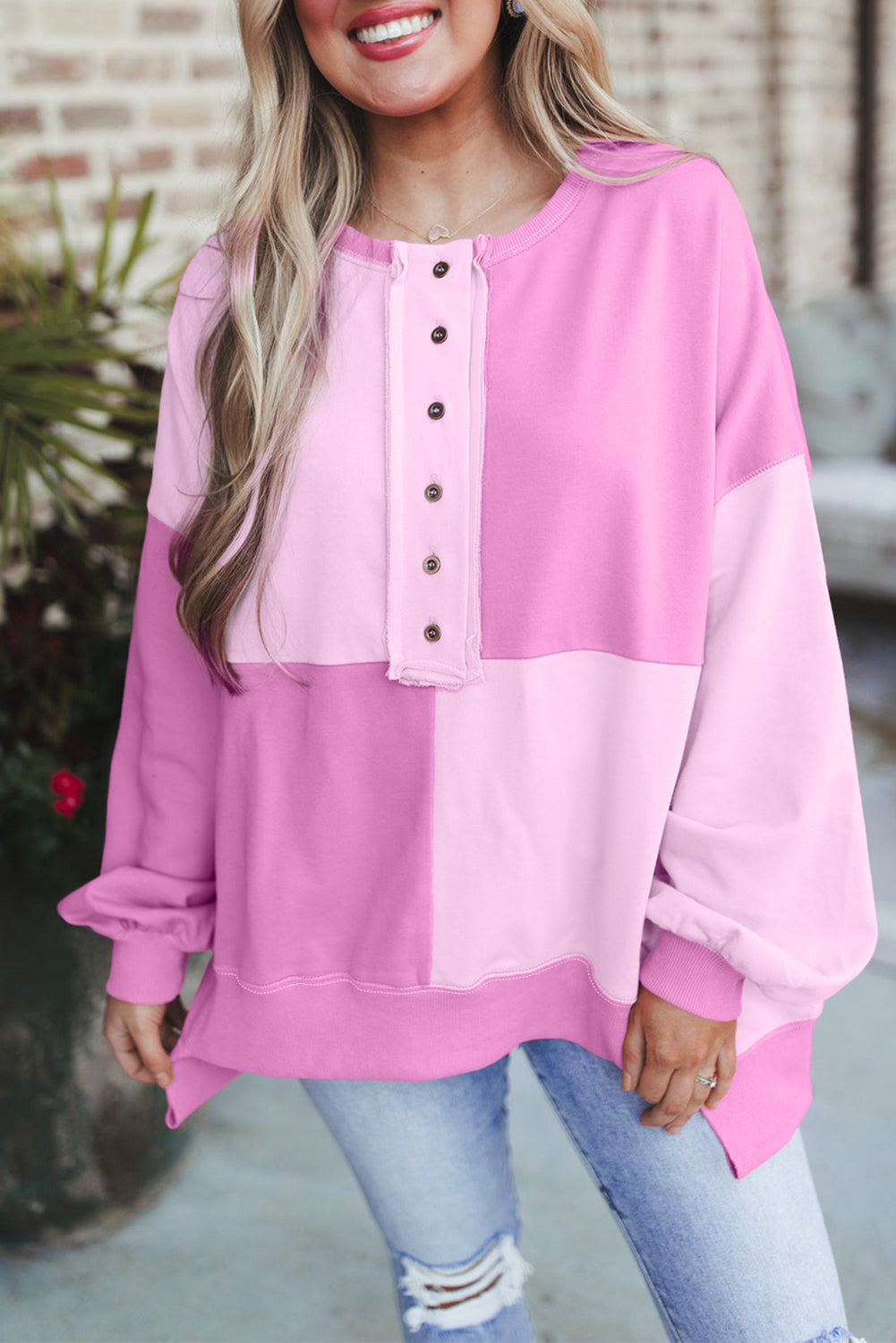 Colorblock Henley High Low Oversize Sweatshirt