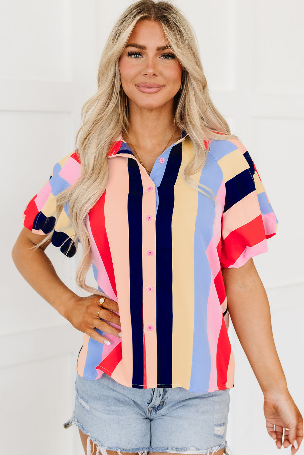 Color Block Striped Puff Sleeve Buttoned Shirt