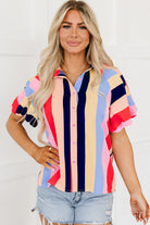 Color Block Striped Puff Sleeve Buttoned Shirt