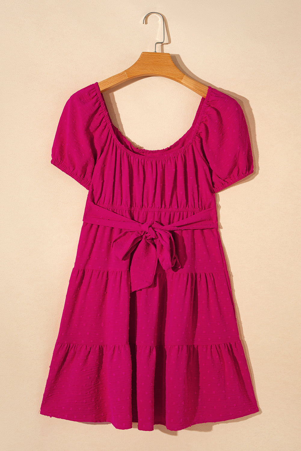 Swiss Dot Jacquard Puff Sleeve Crossover Tied Tiered Dress