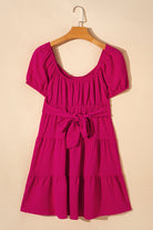 Swiss Dot Jacquard Puff Sleeve Crossover Tied Tiered Dress