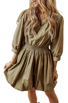Collared V Neck Smocked High Waist Mini Dress