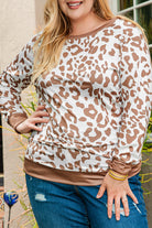 Plus Size Leopard Print Boat Neck Long Sleeve Top