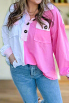 Color Block Chest Pockets Half Button Plus Size Sweatshirt