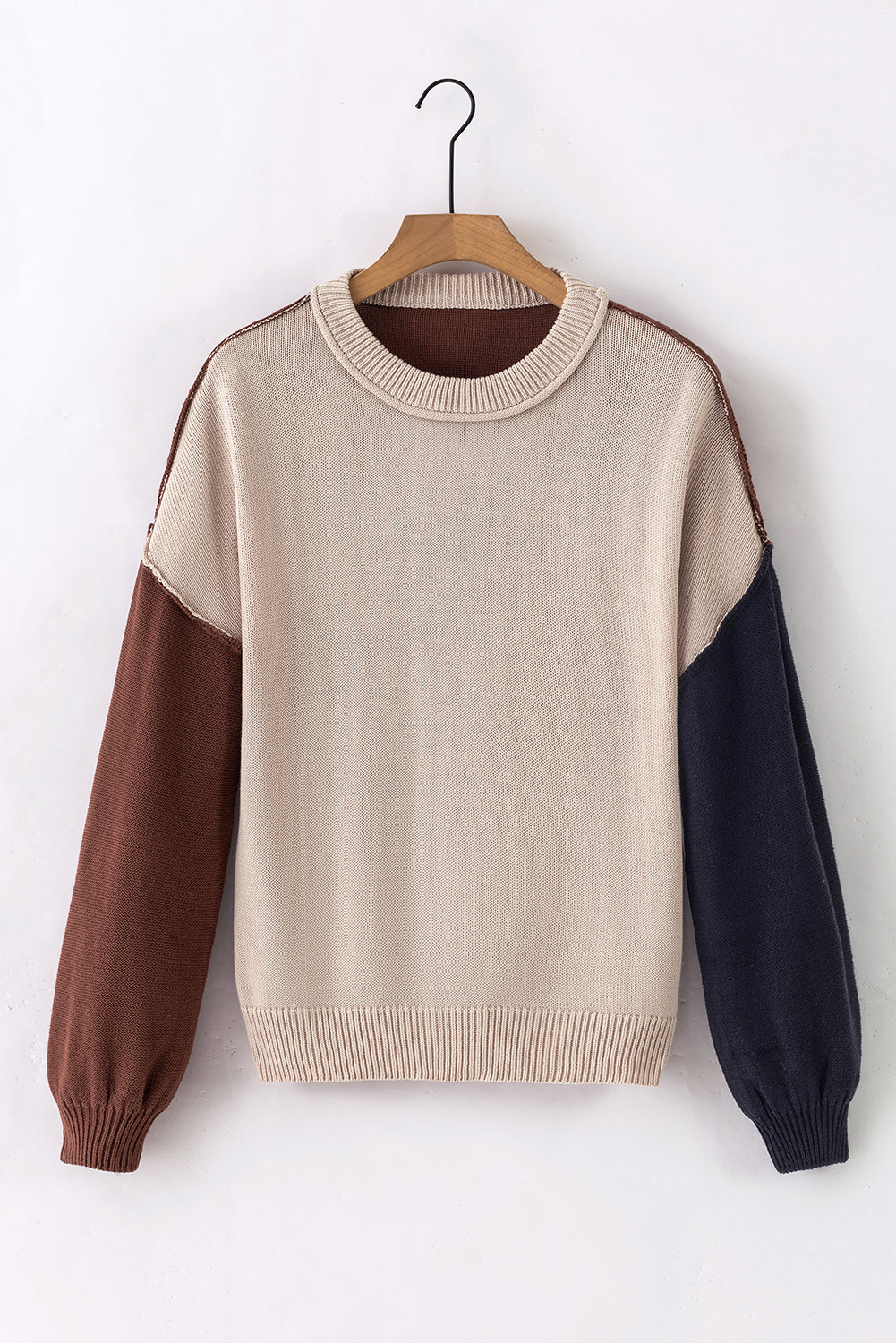Colorblock Bishop Sleeve Ribbed Trim Sweater