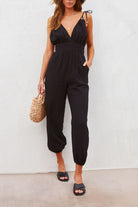 Black V Neck Knotted Shoulder Backless Pocket Jumpsuit