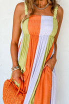 Color Block Shirred High Waist Fit and Flare Maxi Dress