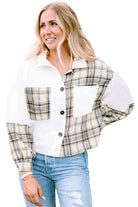White Corduroy Plaid Colorblock Patchwork Shacket