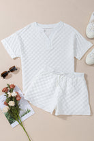 Textured Split Neck Top and Drawstring Shorts Set