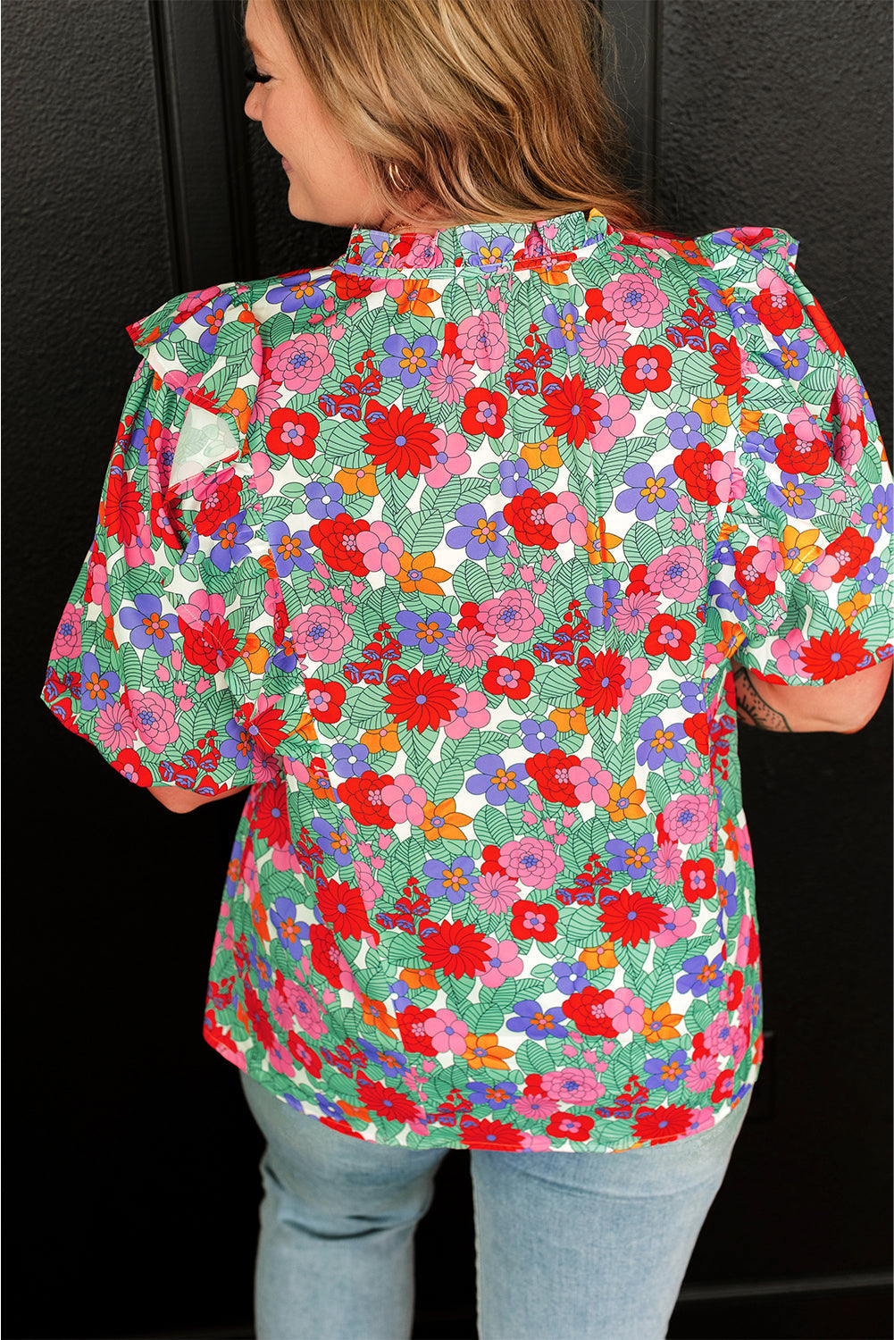 Plus Size Floral Print Ruffle V Neck Bubble Sleeve Blouse