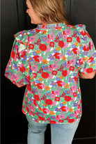 Plus Size Floral Print Ruffle V Neck Bubble Sleeve Blouse