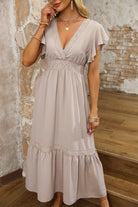 Lace V Neck Ruffled Sleeve Empire Waist Dress