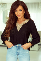 Lace Panel V Neck Ruffle Long Sleeve Eyelet Blouse