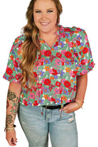 Plus Size Floral Print Ruffle V Neck Bubble Sleeve Blouse