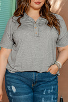 Plus Size Buttoned V Neck Batwing Sleeve Top