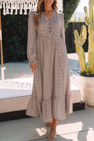Dotty Print Button V Neck Long Sleeve Ruffled Dress