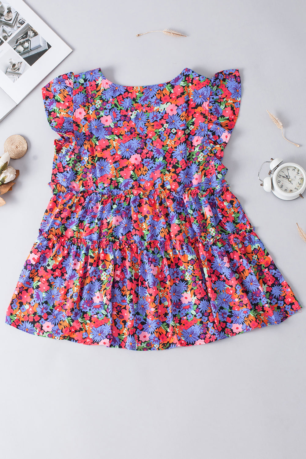 Multicolor Floral Print Ruffle Tiered Short Sleeve Babydoll Top