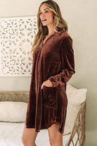 Collared V Neck Two Pockets Shift Velvet Dress