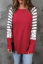 Red Striped Animal Print Colorblock Long Sleeve Top
