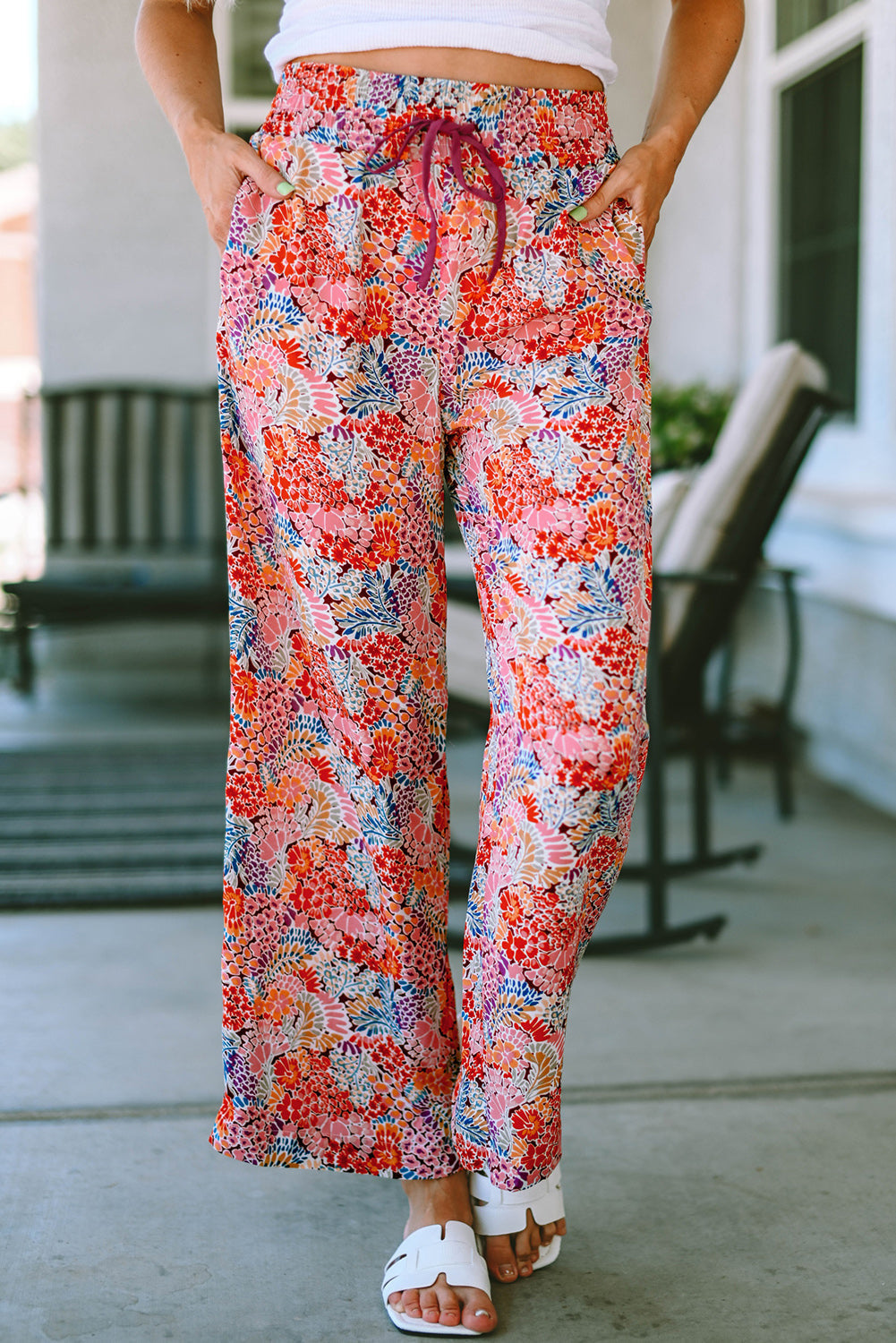 Gorgeous Print Drawstring Smocked High Waist Pants