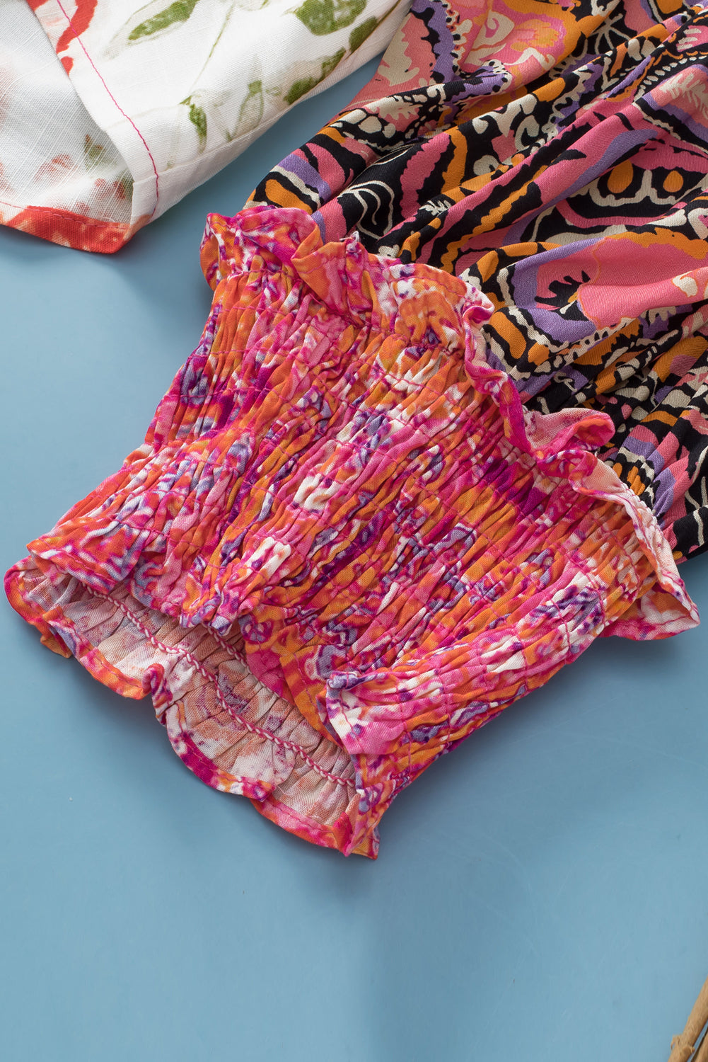 Multicolor Floral Patchwork Shirred Cuffs Buttoned Blouse