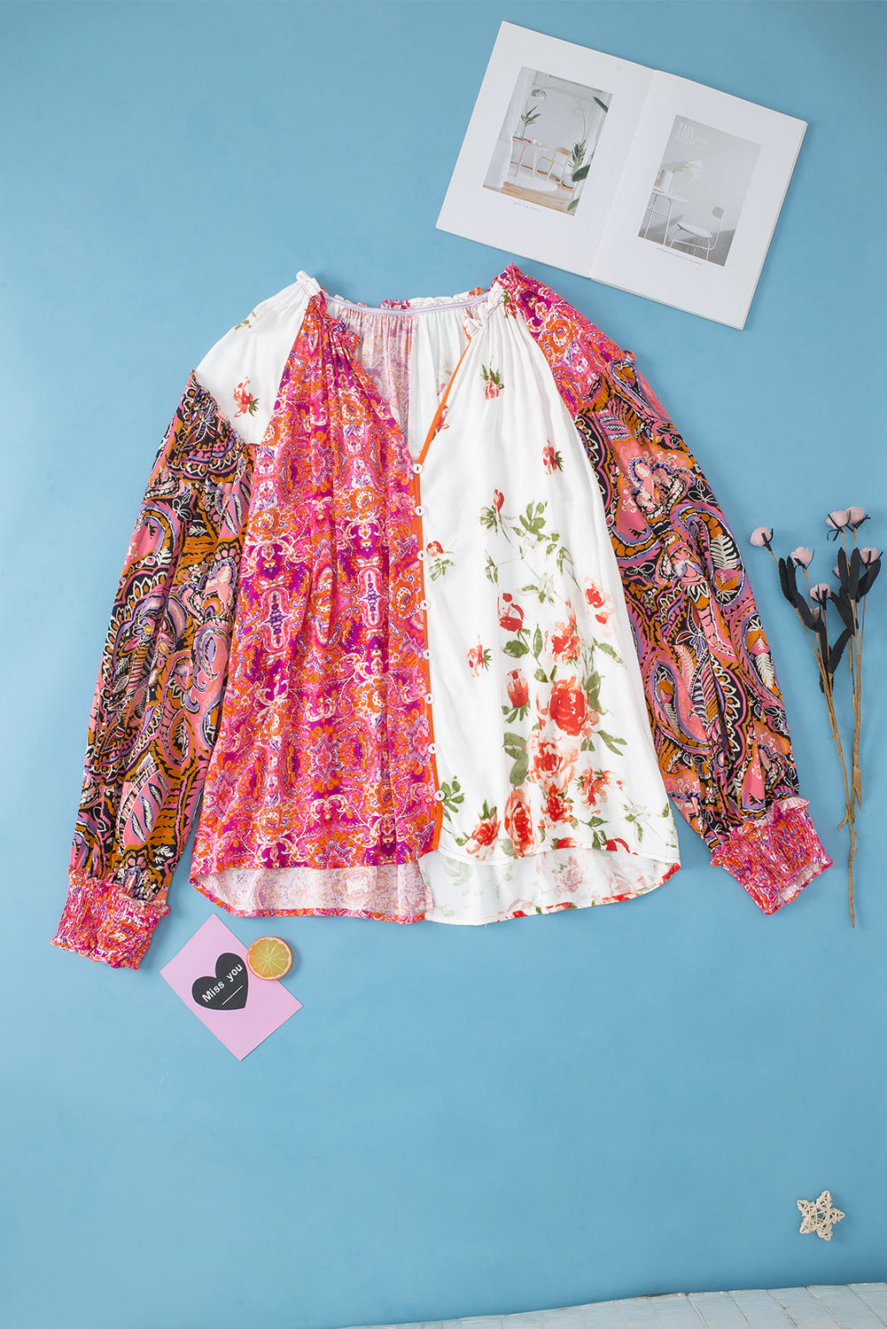 Multicolor Floral Patchwork Shirred Cuffs Buttoned Blouse