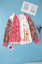Multicolor Floral Patchwork Shirred Cuffs Buttoned Blouse