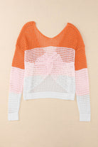 Multicolor Color Block Eyelet Long Sleeve Twisted Back Knit Top