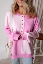 Colorblock Henley High Low Oversize Sweatshirt