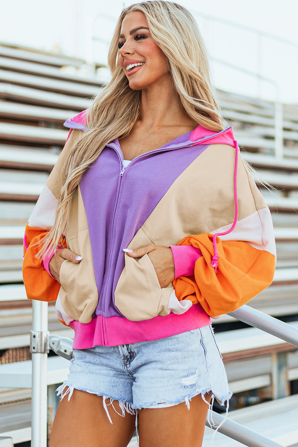 Oversized Colorblock Patchwork Full Zipped Hoodie