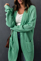 Green Long Line Open Front Knitted Cardigan with Pockets