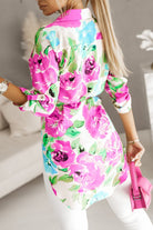 Floral Print Lace-up Roll Tab Sleeve Tunic Shirt