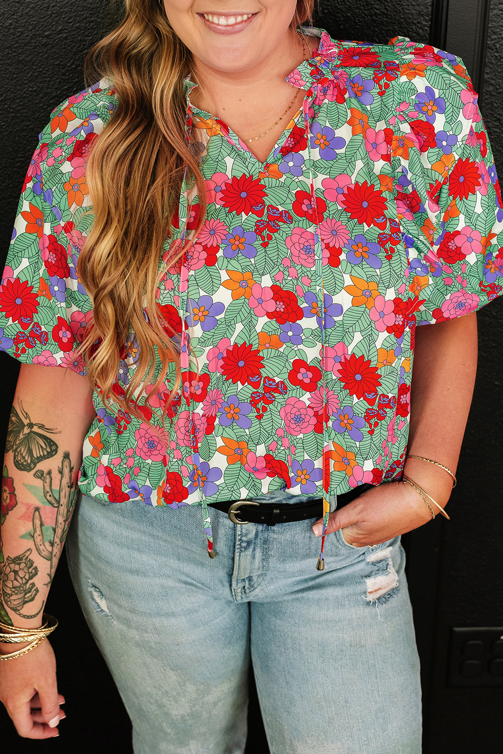 Plus Size Floral Print Ruffle V Neck Bubble Sleeve Blouse