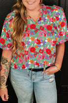 Plus Size Floral Print Ruffle V Neck Bubble Sleeve Blouse