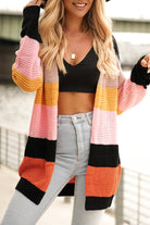 Multicolor Waffle Knit Color Block Open Front Cardigan