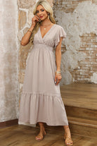 Lace V Neck Ruffled Sleeve Empire Waist Dress