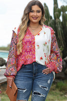 Multicolor Floral Patchwork Shirred Cuffs Buttoned Blouse