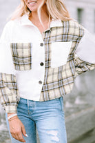 White Corduroy Plaid Colorblock Patchwork Shacket