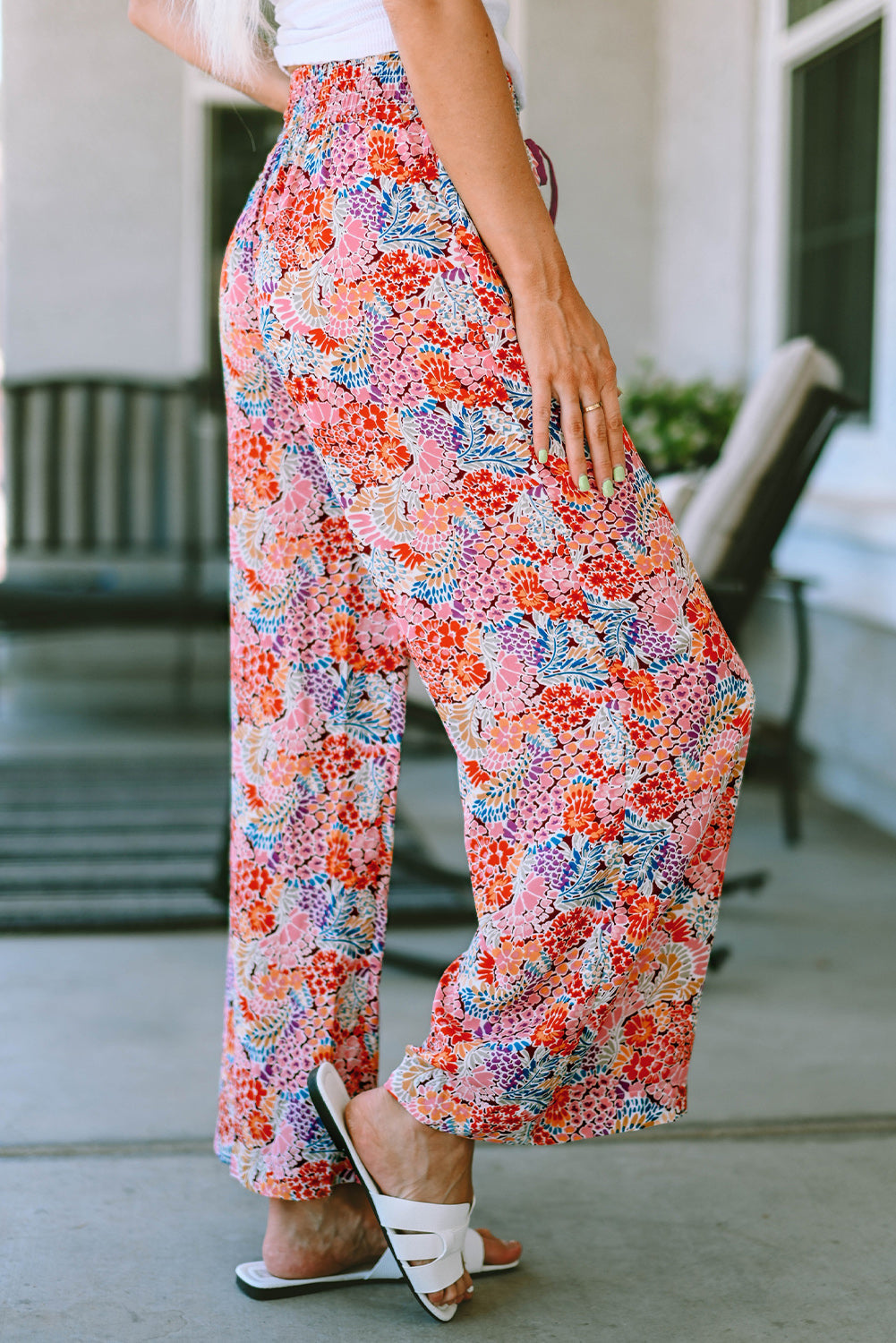 Gorgeous Print Drawstring Smocked High Waist Pants