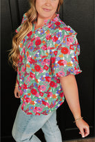 Plus Size Floral Print Ruffle V Neck Bubble Sleeve Blouse