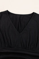 Short Sleeve Shirred High Waist V Neck Maxi Dress