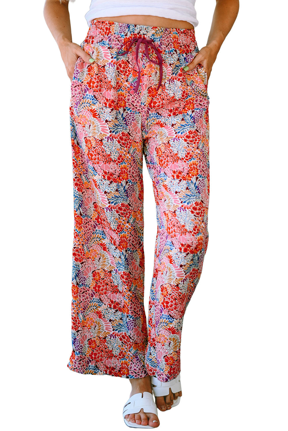 Gorgeous Print Drawstring Smocked High Waist Pants