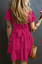 Swiss Dot Jacquard Puff Sleeve Crossover Tied Tiered Dress