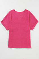 Bright Pink Textured Rolled Sleeve V Neck Tee