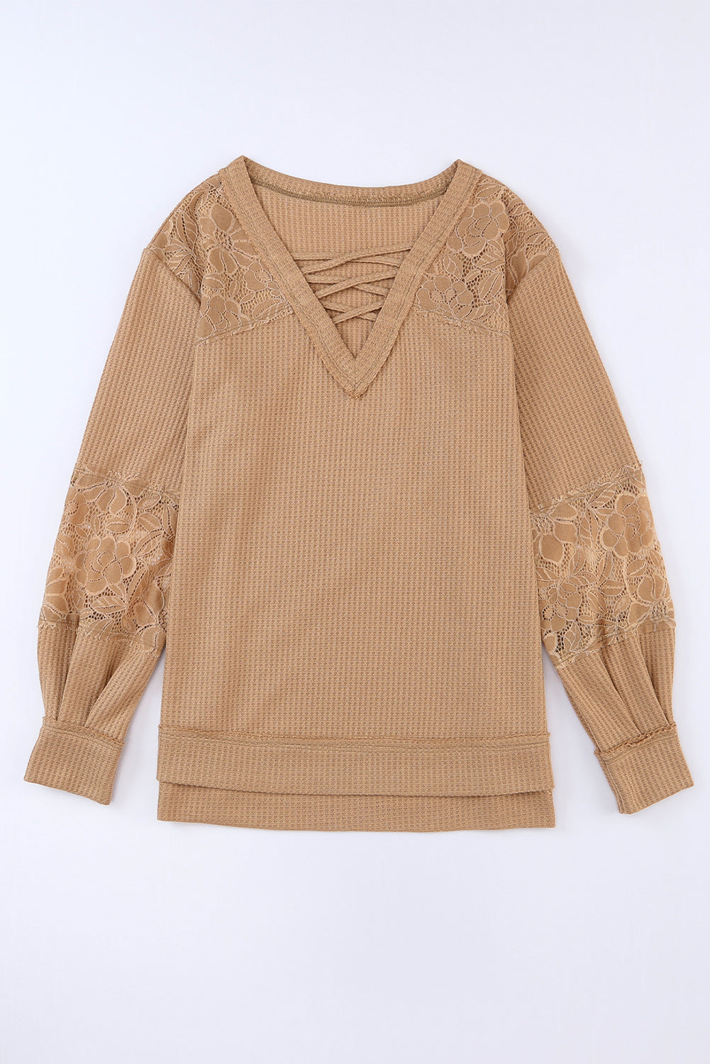Lace Waffle Patchwork Strappy V Neck Long Sleeve Top