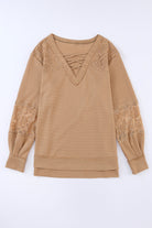 Lace Waffle Patchwork Strappy V Neck Long Sleeve Top