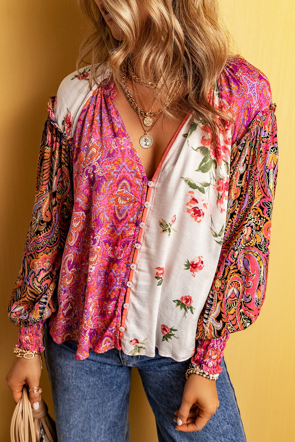 Multicolor Floral Patchwork Shirred Cuffs Buttoned Blouse