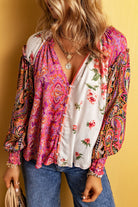 Multicolor Floral Patchwork Shirred Cuffs Buttoned Blouse
